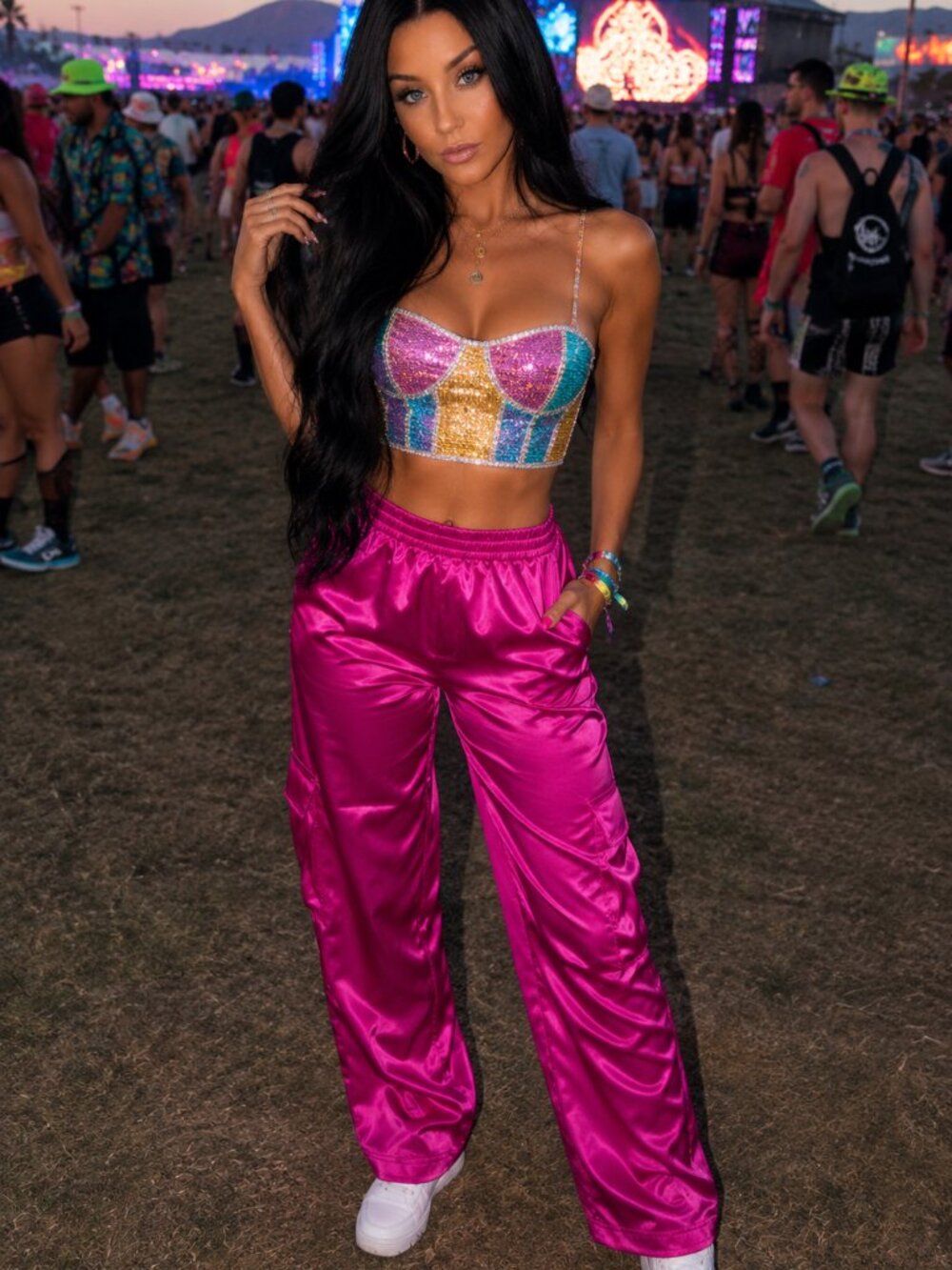 Fuchsia Satin Straight Leg Jogger Pants